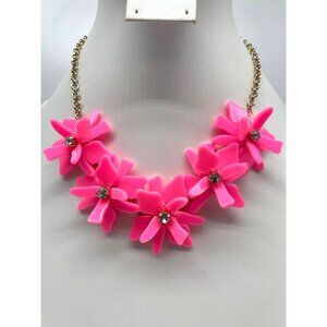 J.Crew Gold Chain Necklace Pink Floral Acrylic Design & Rhinestone Accents 16"